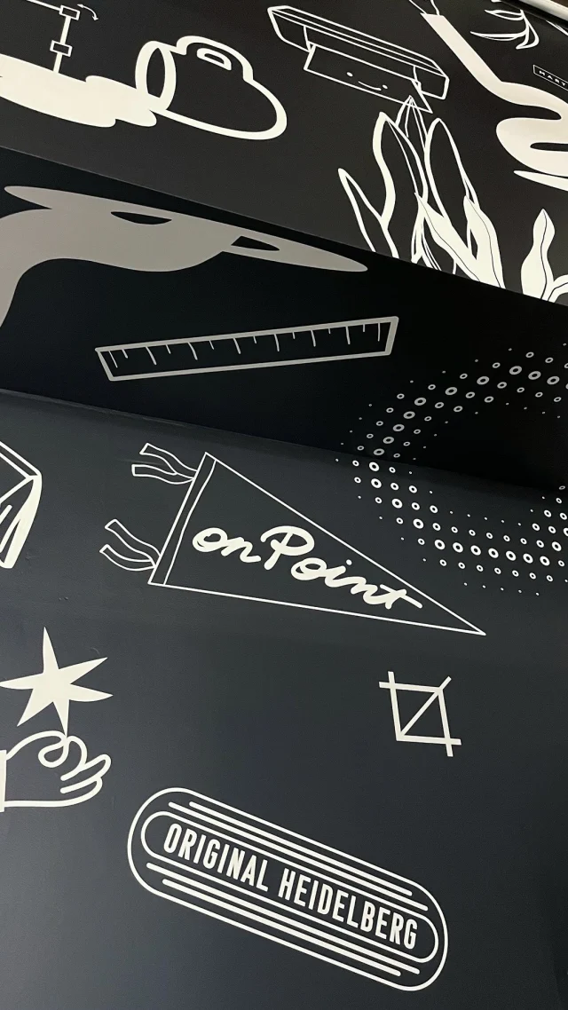 Some ideas stay in the sketchbook, while others end up as floor-to-ceiling vinyl wall art in our office.